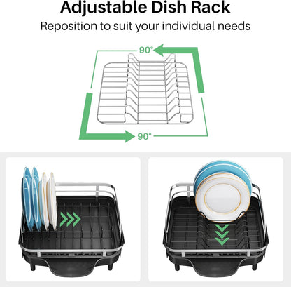 Dish Drying Rack, Expandable Dish Rack for Kitchen Counter, Stainless Steel Dish Drainer with Drainboard Set and Utensil Holder (Black)