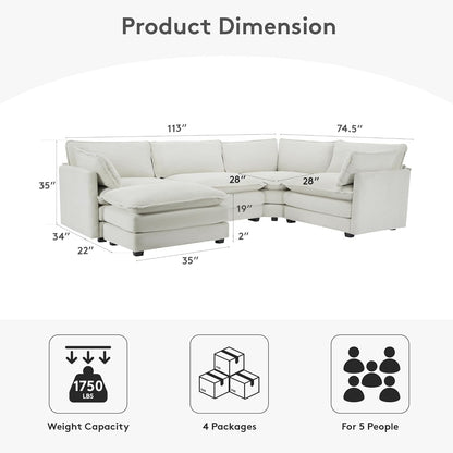 ROWHY 113'' Modular Sectional Cloud Couch, 5 Seater Corner Sofa Big Comfy Corduroy Oversized L Shaped Couch with 2 Pillows, Ottoman, Deep Seat Sectional Couches for Living Room Office, Light Grey