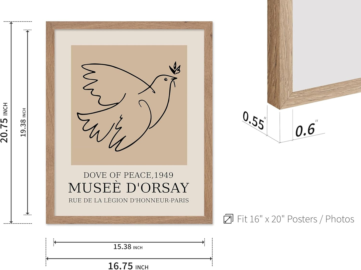Poster Master Vintage Poster - Retro Minimalist Print - Gift for Artist, Friend - Dove Of Peace, Line Drawing, Sketch, Abstract - Wall Decor for Living Room, Bedroom, 16x20 Beige Framed