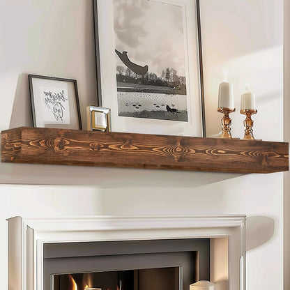 72x8x5 Fireplace Mantel - Handcrafted Hollow Rustic Solid Wood Wall Mounted Floating Shelf with Invisible Heavy Duty Wood Bracket (Weathered Brown)