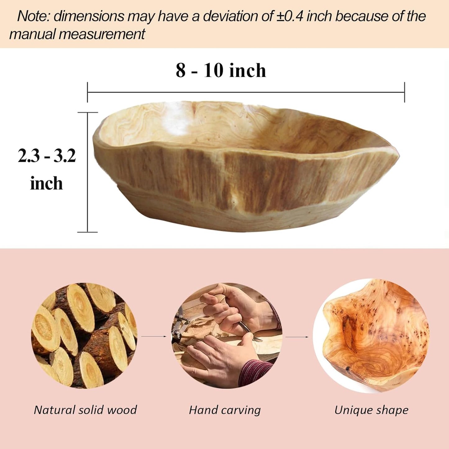 Wooden Bowl Decorative Natural Wood Fruit Bowl, Irregular Creative Wood Bowls, Rustic Hand Carved Candy Snack Keys Serving Bowls for Home Decor(8"-10" Diameter)