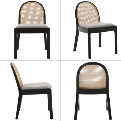 Mid Century Dining Chairs Set of 6, Accent Rattan Side Chairs Linen Fabric Kitchen Chair with Solid Wooden Legs for Living Room Dining Room, Grey