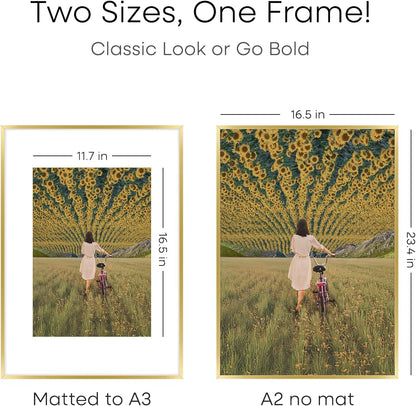 Homeforia A2 Picture Frame Gold, High End Metal 16.5 x 23.5 inches Poster Frames with Mat 11.7 x 16.5 for Photo, A2 Size Frames Matted to A3 Print, 16.5 by 23.4 Hanging Frame, Tempered Glass, Set of 1