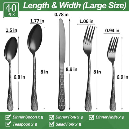 40 Pcs Black Silverware Set for 8 with Water Cube Handle design, Food Grade Stainless Steel Flatware Set, Eating Utensils Sets Include Fork/Knife/Spoon, Reusable Cutlery Set, Dishwasher Safe