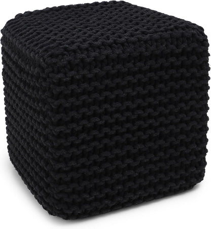 REDEARTH Cube Pouf Foot Stool Ottoman - Hand Knitted Poof - Cord Boho Pouffe - Home Décor - Stuffed Footrest for Living Room - Bedroom - Covered Patio (16" x 16" x 16") - Black