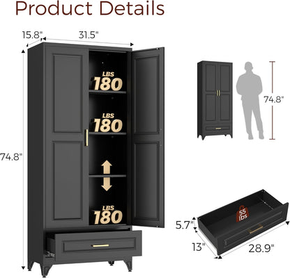 75" Kitchen Pantry Cabinet with Drawer, Metal Storage Cabinets with Doors and Adjustable Shelves, Black Tall Pantry Cabinet for Dinning Living Room, Home Office