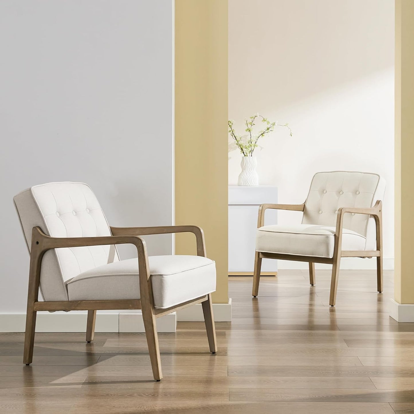 Linen Accent Chair, Mid Century Modern Chair for Living Room, Upholstered Comfy Lounge Armchair with Solid Wood Frame, Reading Side Chair for Bedroom,105°Ergonomic Comfort, White