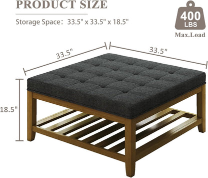 Large Square Ottoman Coffee Table, Linen Solid Upholstered Footrest Ottoman with Solid Wood Shelf Storage Tufted Coffee Table for Bedroom Living Room, Dark Gray