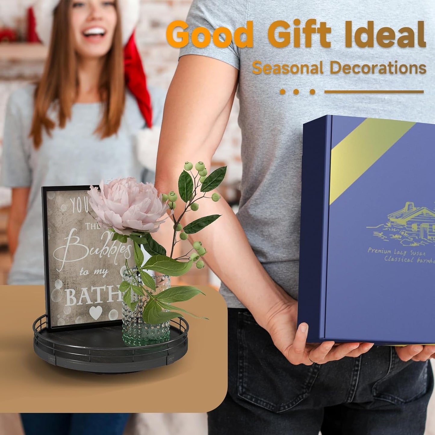 9" Oak Bathroom Vanity Tray Turntable for Perfume Candle, Round Wooden Decorative Tray for Kitchen Sink Countertop Organizer, Bathroom Counter Organizer for Skincare Makeup, Farmhouse Black Gold