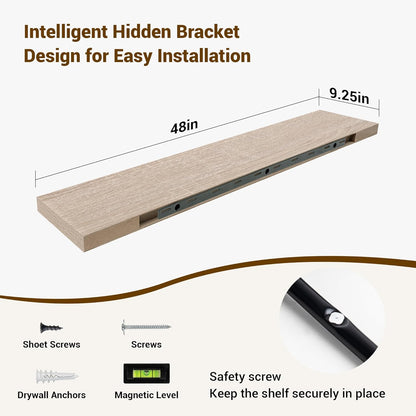 48 Inch Floating Shelves, 3D Textured Wood Grain, 48"x9.25"x1.5" Inch Deep Floating Shelves for Wall, Wooden Shelves for Bathroom, Bedroom, Living Room, Vintage White Oak