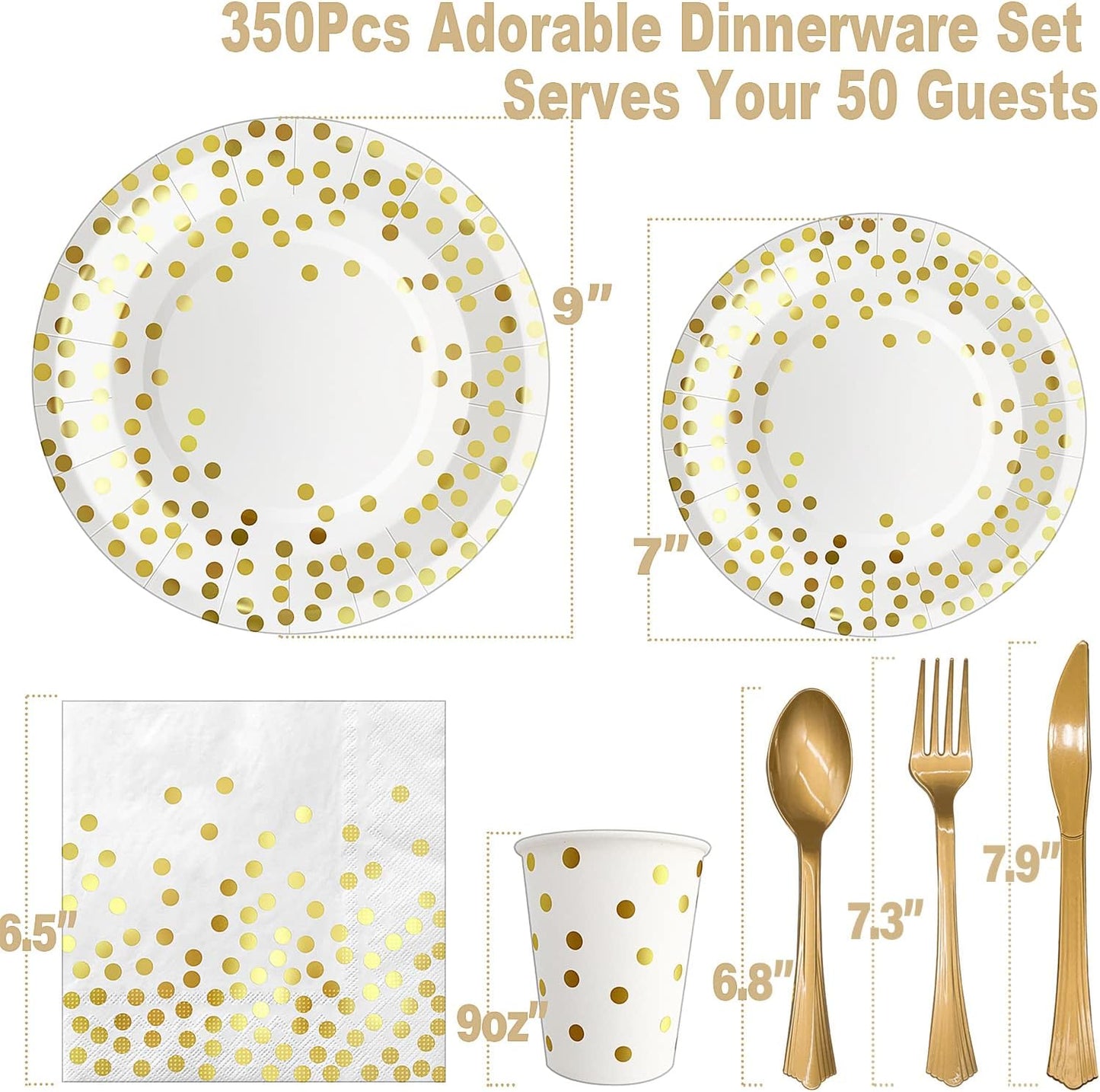 AIRE 350PCS White Gold Paper Plates Party Supplies for 50 Guests Party Decorations Disposable Dinnerware Paper Plates Cups Napkins Gold Plastic Forks Knives Spoons for Wedding Birthday Engagement