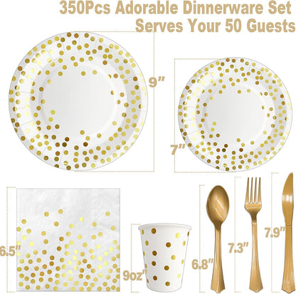AIRE 350PCS White Gold Paper Plates Party Supplies for 50 Guests Party Decorations Disposable Dinnerware Paper Plates Cups Napkins Gold Plastic Forks Knives Spoons for Wedding Birthday Engagement