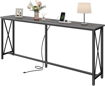 SUPERJARE 70 Inch Console Table with Outlets and USB-C Port, Extra Long Behind Couch Sofa Table with X-Shaped Design, Narrow for Entryway, Living Room, Metal Frame, Wooden Top, Grey