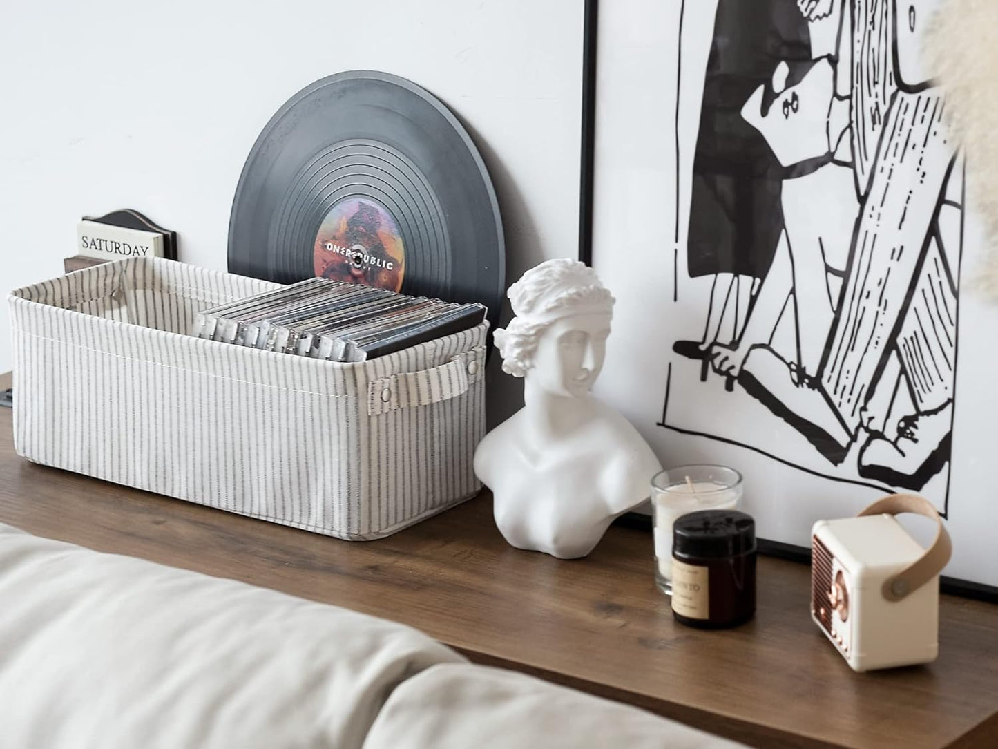 StorageWorks Narrow Storage Bins, Small Basket for Closet and Shelves, Fabric Organizer with Handles, Toilet Paper Storage, Gray and White Stripes, 2-Pack