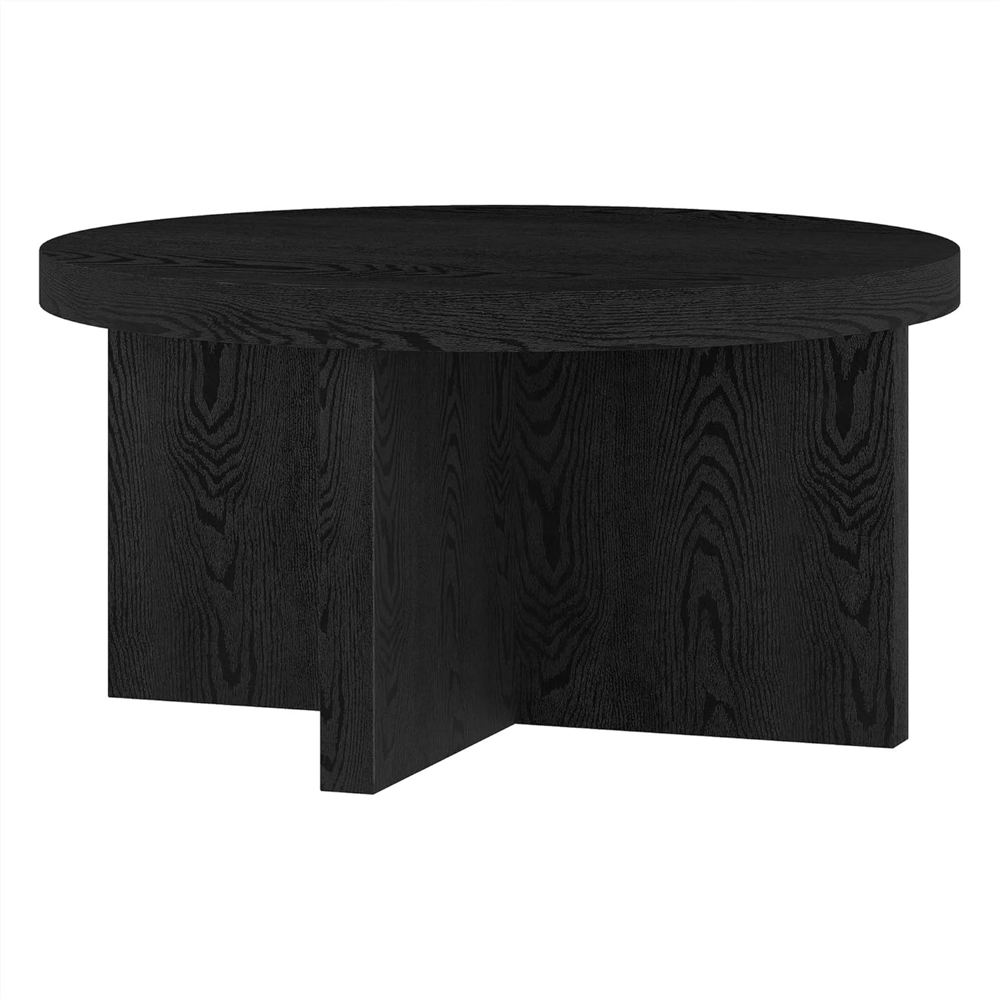 Henn&Hart 33" Round Wood Pedestal Low-Profile Coffee Table for Living Room, Family Room, Office or Apartment, Black Grain