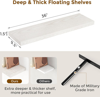 Floating Shelves 48 Inch Long, 48"W x 9"D Wall Shelf Invisible Bracket, 9 Inch Deep Floating Shelf for Wall, Rustic Wooden Shelves for Living Room, Kitchem, Bedroom, Brich Color, Set of 1