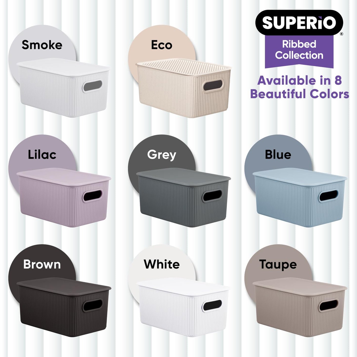 Superio Decorative Lidded Home Storage Bins, Plastic Organizer Baskets, Medium Grey (2 Pack - 5