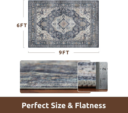 AMOAMI-Area Rug 6X9 Rugs for Living Room-Vintage Soft Blue Rugs for Bedroom-Non Slip Carpet-Machine Washable Rug for Dining Room Living Room Bedroom Office Under Table
