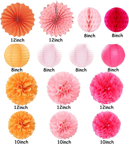 Hot-Pink Burnt-Orange Party-Decorations Streamers Lanterns - 14pcs Fall Birthday Baby Shower Paper Honeycomb Fan,Tissue Pom Poms, Autumn Thanksgiving Bridal Wedding Graduation Decor Ouruola