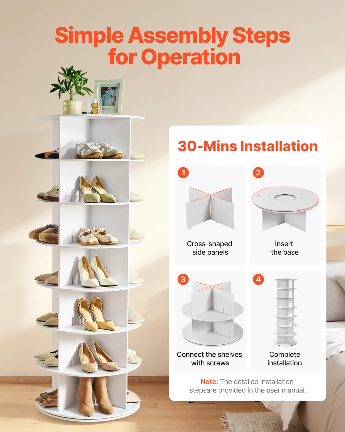 VEVOR 7 Tiers Rotating Shoe Rack Tower, 360° Spinning Shoe Rack, Revolving Storage Round Carousel