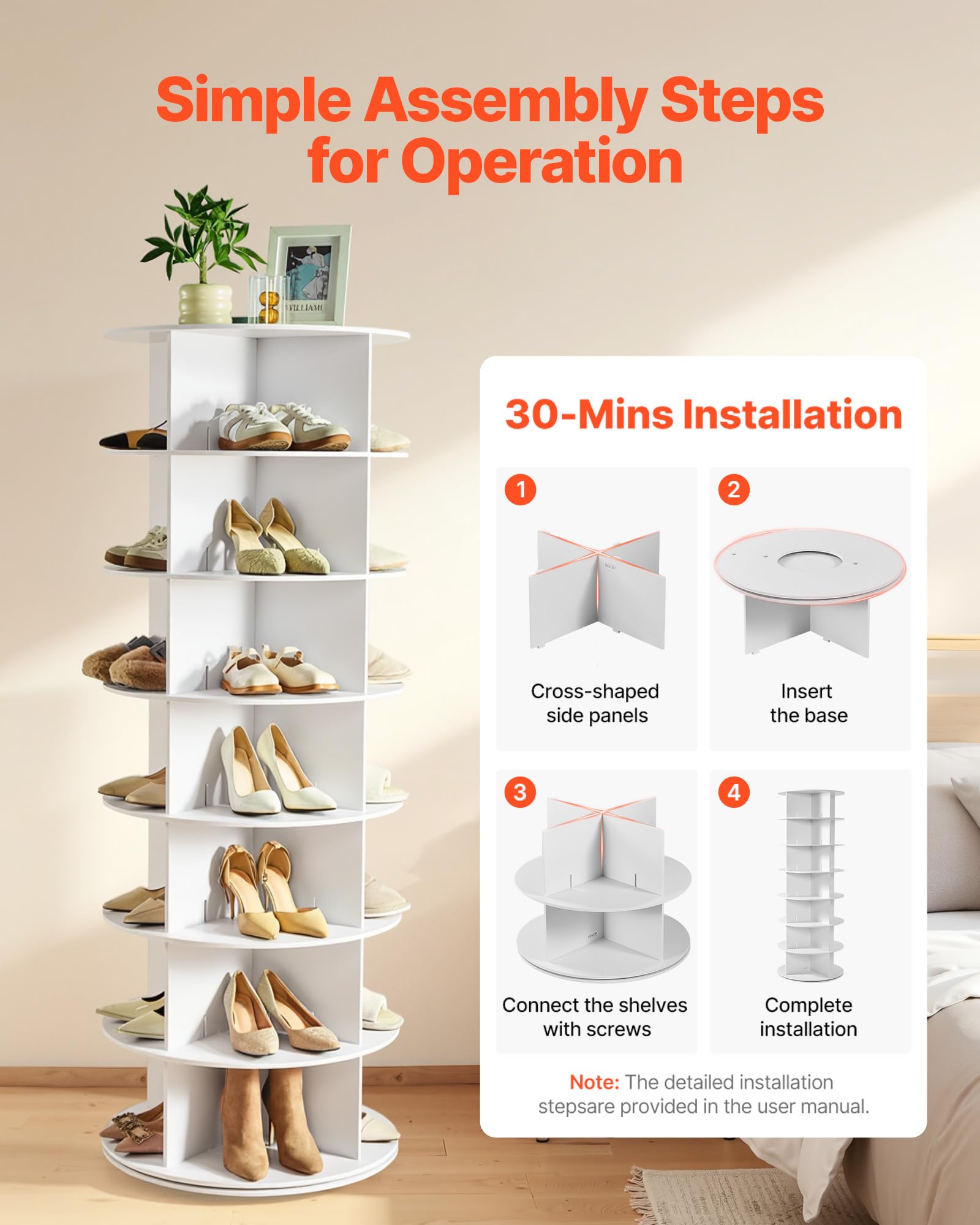 VEVOR 7 Tiers Rotating Shoe Rack Tower, 360° Spinning Shoe Rack, Revolving Storage Round Carousel