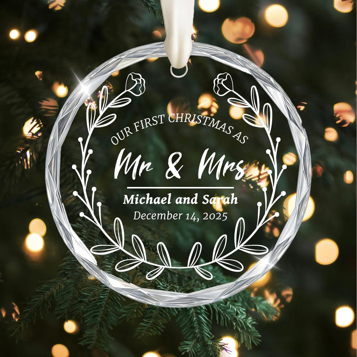 First Christmas Married Ornament 2025, Custom Wedding Crystal Glass Ornament with Photo, Name or Date, Personalized Wedding or Bridal Shower Gifts for Newlyweds