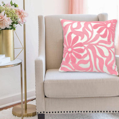 Alysheer Farmhouse Floral Leaves Embroidered Decorative Throw Pillow Cover 18x18 inches, Boho Tufted Flowers Embroidery Pattern Chic Cotton Cushion Case for Couch Bed Sofa Living Room(Light Pink)