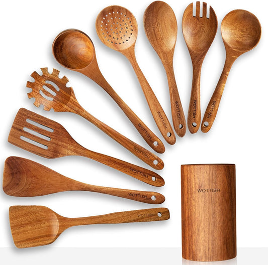 Wooden Spoons for Cooking,Wooden Cooking Utensil Set,10-Piece Wooden Kitchen Utensil Set with