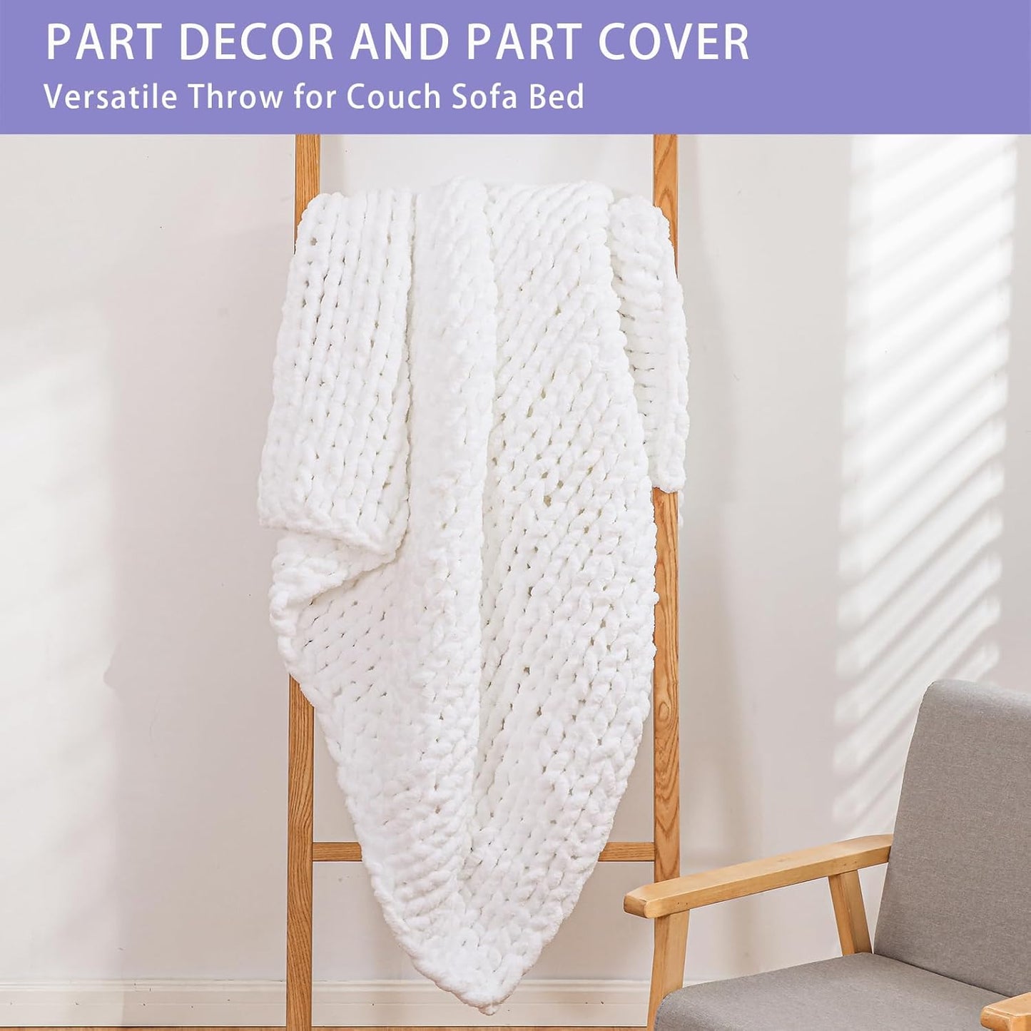 Bigacogo Chunky Knit Throw Blanket for Couch, 40x60 inches, 100% Hand Knitted with Thick Jumbo Chenille Yarn, Cozy Soft Large Rope Knot Cable Crochet Blankets for Sofa Bed Living Room, White