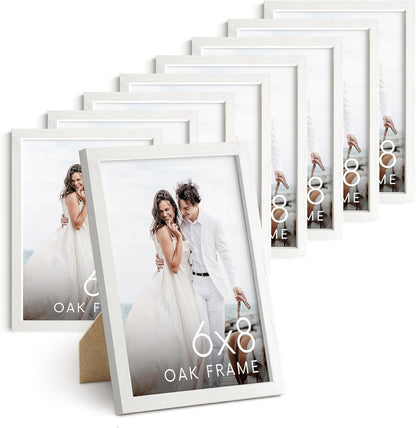 HAUS AND HUES 6x8 White Oak Wooden Picture Frame - Set of 9 6x8 Poster Frame - Premium Oak, Vertical Hang, Shatterproof Plexiglass - Ideal for Home, Room, Office (6x8-inch, White, Set of 9)