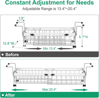 GSlife Expandable Sink Dish Drying Rack - Stainless Steel Capacity Adjustable Over The Sink Dish Rack (13.4''-20.4'') with Sink Mat and Utensil Holder, Silver