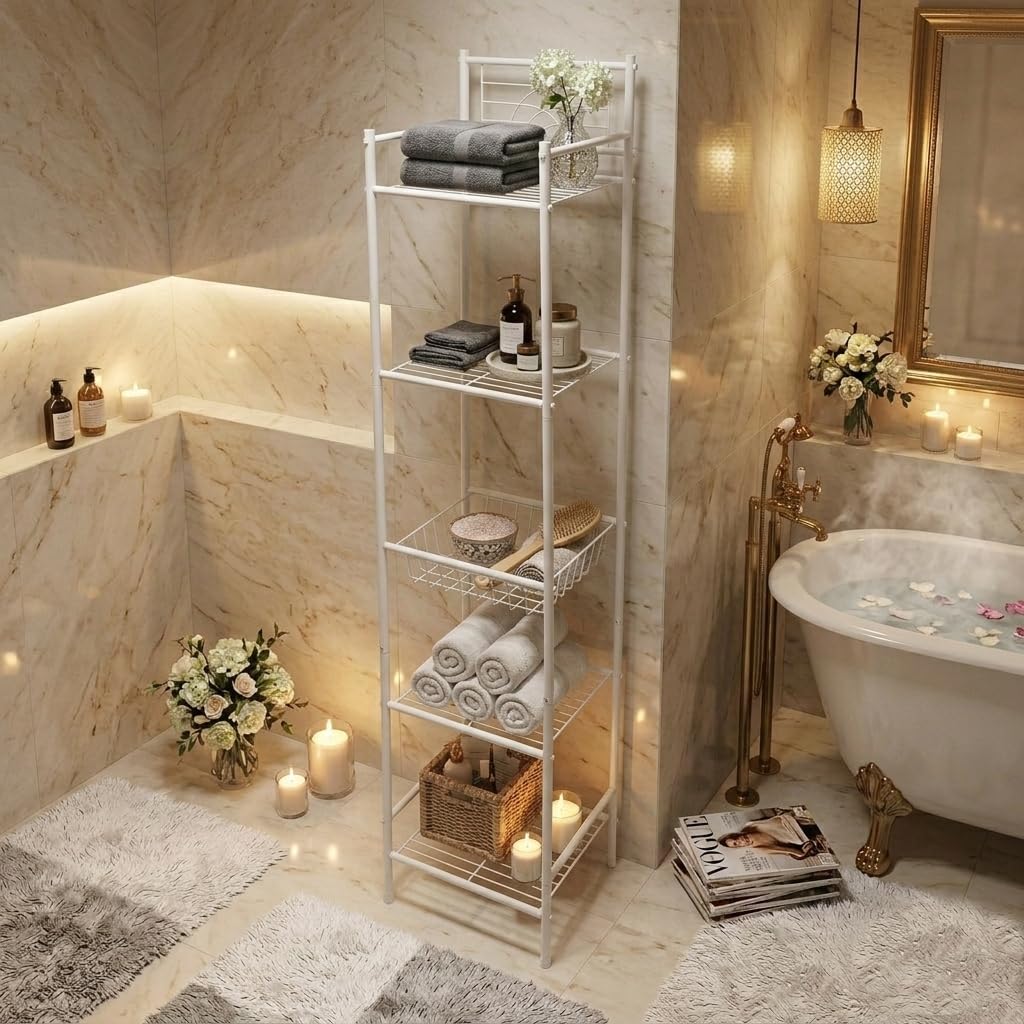 Bath Bliss 5 Tier Freestanding Bathroom Storage Shelf, White Metal Organizer Rack | Rust Resistant