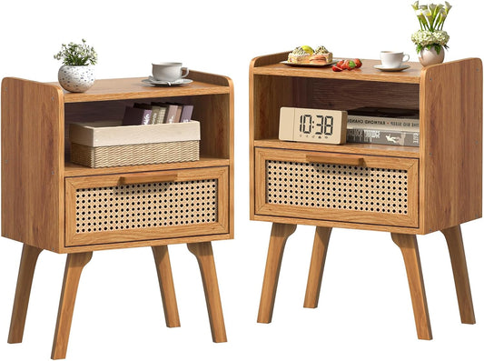 Lerliuo Rattan Nightstands Set of 2, Side Table with Drawer, Cane Accent Bedside End Table with