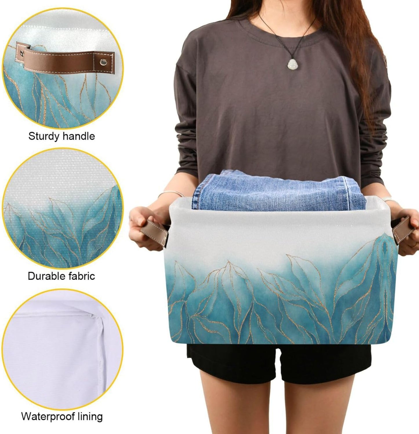 susiyo Storage Baskets for Shelves Closet Storage Bins for Organizing Shelf Nursery Toys, Decorative Linen Fabric Bins Cube with PU Handles 1 Pack,Luxury Blue Golden