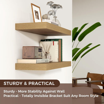 Floating Shelves for Wall, 2 Large Wall Mounted Shelves with Invisible Brackets, Long Wood Floating Wall Shelf Shelves for Living Room, Bedroom, Kitchen, (Oak, 24" W x 9" D x 1.5" H)