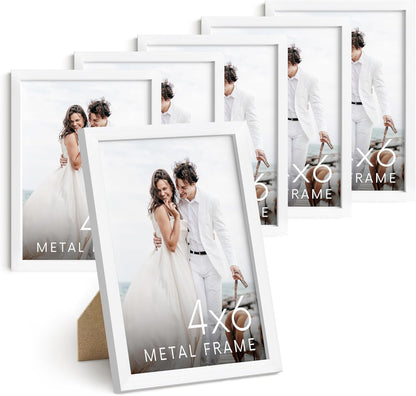 HAUS AND HUES 4x6 White Metal Picture Frames - White 4X6 Photo Frames - Features Premium Aluminum, Vertical Hanging, Easel Back for Tabletop, Home, Office (4x6 in, White, Set of 6)