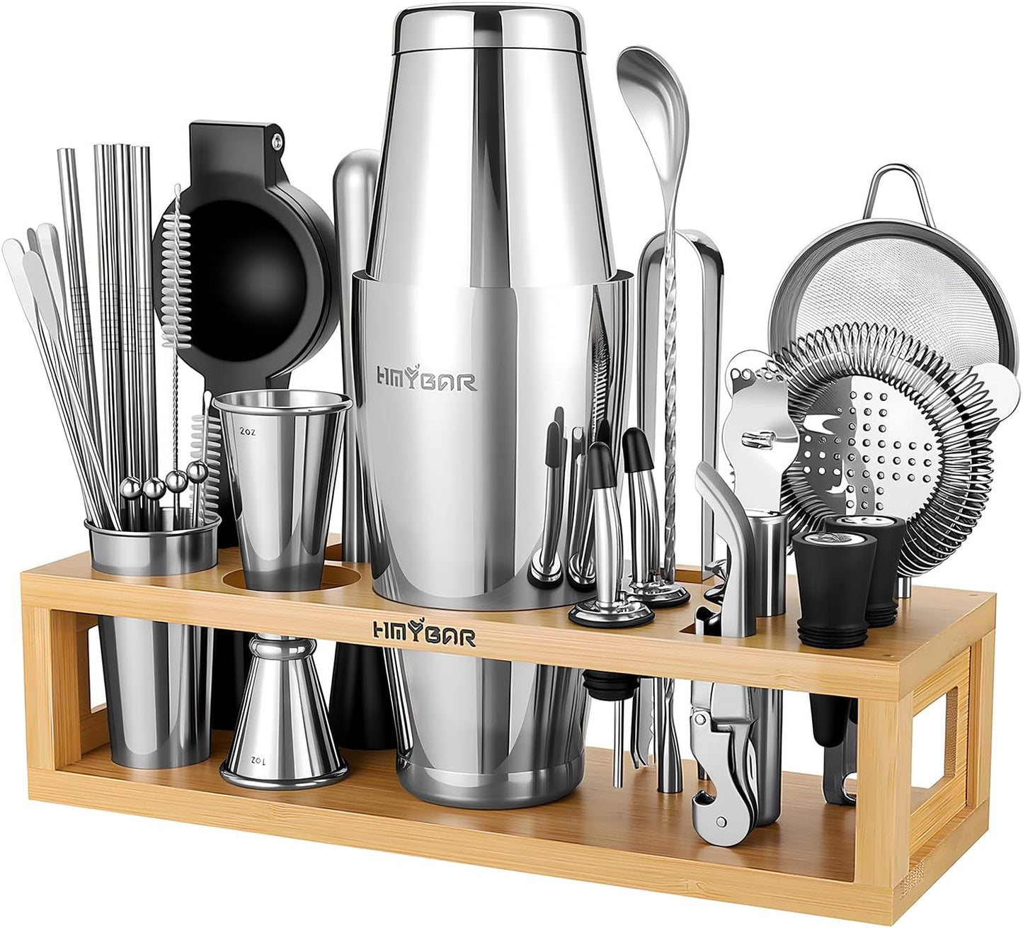 HMYBAR® Mixology Bartender kit | Cocktail Shaker Set | Boston Shaker Set, 20/28 OZ | Martini Making Set for Home Bar.Total 31 pcs incl 39-Recipe Cocktail Cards. Silver Tools. Bamb Stand Natural Color
