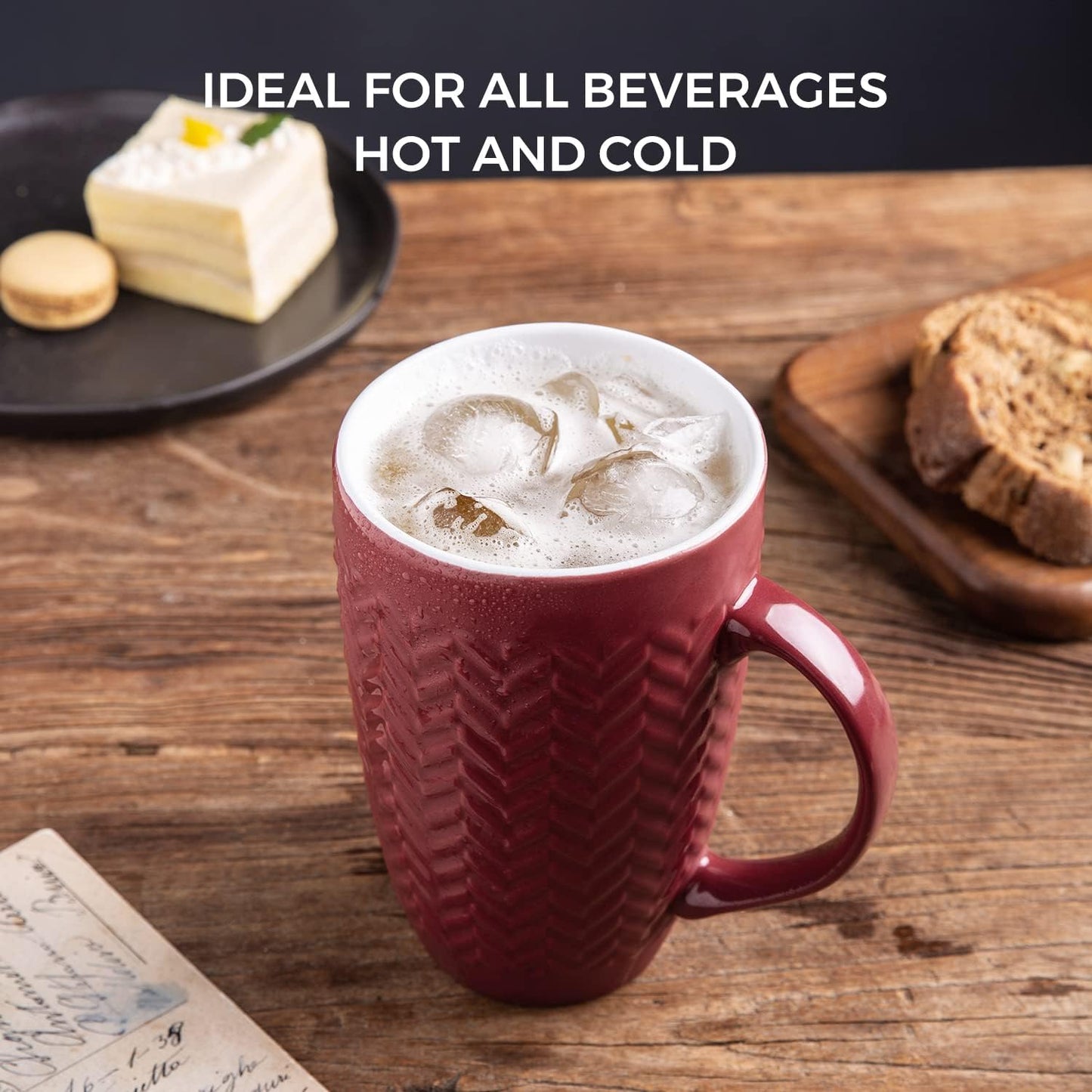 AmorArc Extra Large Coffee Mugs Set of 6, 20oz Ceramic Tall Coffee Mugs with Textured Geometric Patterns for Latte/Tea/Beer/Hot Cocoa, Dishwasher & Microwave Safe, Burgundy