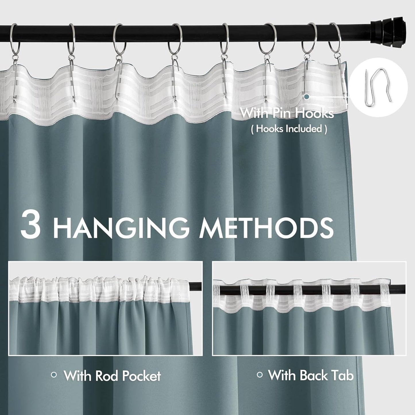 MIULEE Greyish Blue Back Tab Blackout Curtains 108 Inch Long 2 Panels Set for Bedroom, Rod Pocket/Pinch Pleat Extra Long Thermal Insulated Living Room Darkening Pleated Light Blocking Drapes