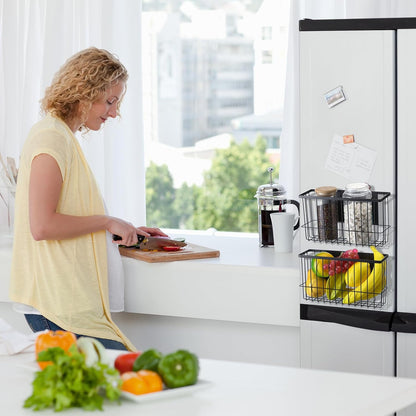 3 Pcs Magnetic or Adhesive Refrigerator Organizer Magnetic Baskets Kitchen Holder for Refrigerator Metal Shelf Rack Storage with 2 Types of Installation(Black)