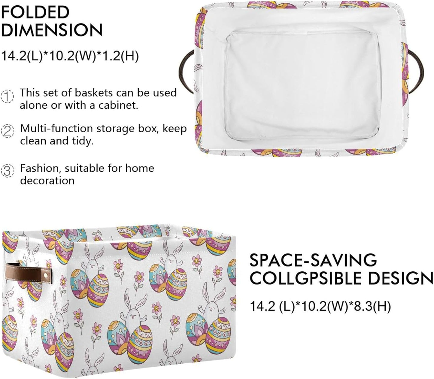 susiyo Easter Storage Basket with Handles, Cute Easter Rabbit Egg Large Foldable Fabric Collapsible Storage Bins Organizer Bag for Storage 2PACK