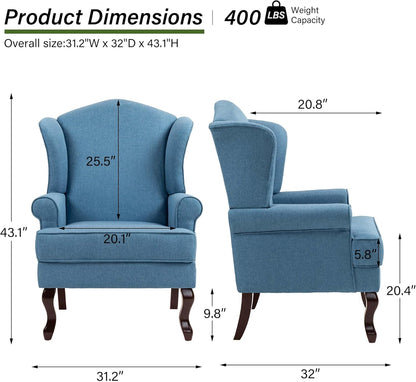 Accent Chair, High Back Upholstered Armchair with High Resilience Sponge & Wood Legs, Mid-Century Modern Comfy Single Sofa Reading Chairs for Living Room, Bedroom (Blue, Set of 2)