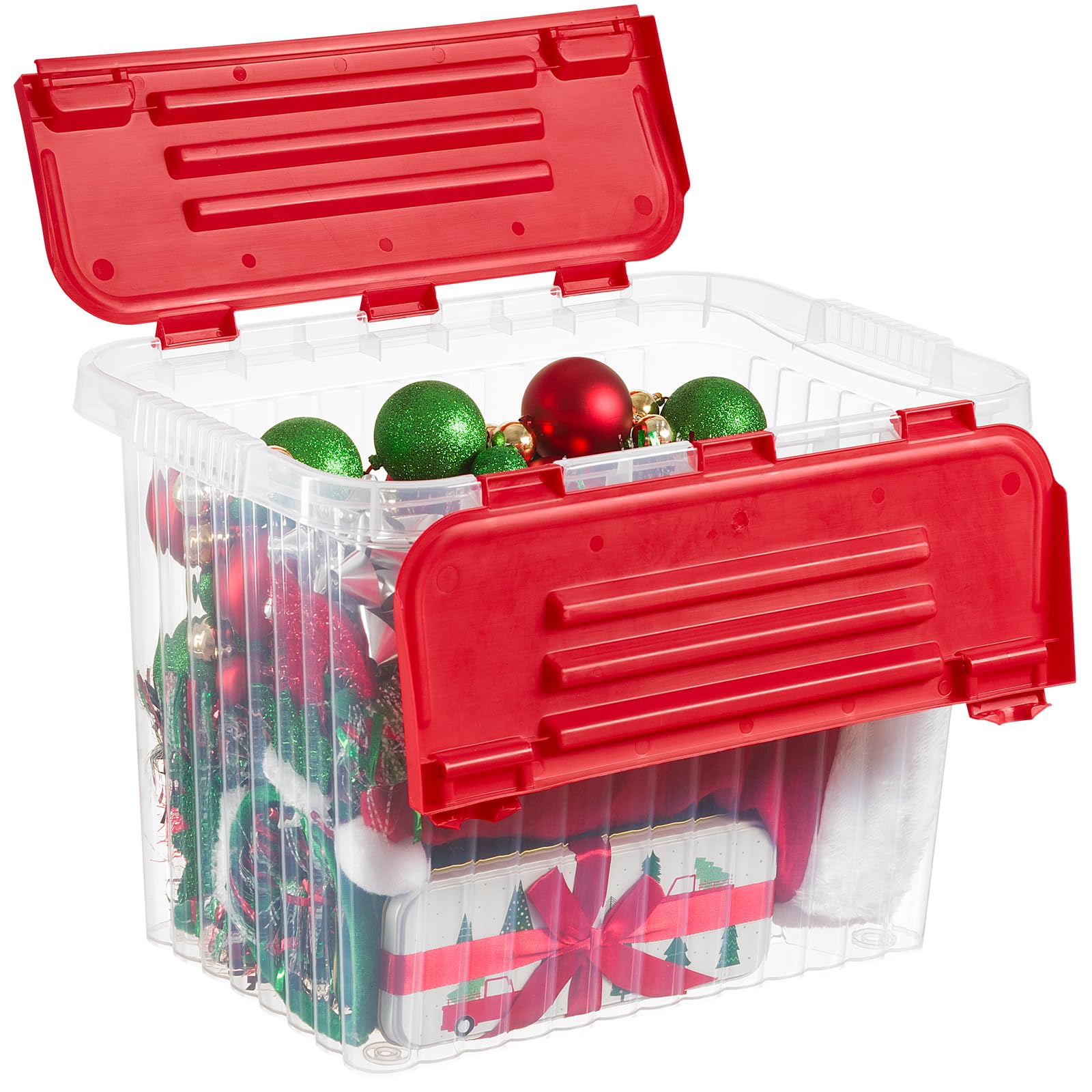Superio Red Storage Box with Red Hinged Lids, Plastic Container Bins for Organizing with Attached