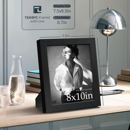 8x10 Picture Frame Set - 3 Pack, Textured Black Solid Wood, HD Tempered Glass, Gallery Photo Frame, Table or Wall Display