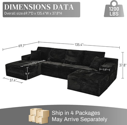 Modular Sectional Sofa Cloud Sectional Couch, 135" Comfy Fluffy U Shaped Black Couches for Living Room, Deep Seat Memory Foam Plush Corduroy Boneless Couch Sectionals with Left Facing Chaise Sofa