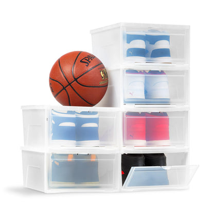 IRIS USA Stackable Shoe Storage Box with Latch Drop Front Door, 6-Pack, for Scarf Game Organizer