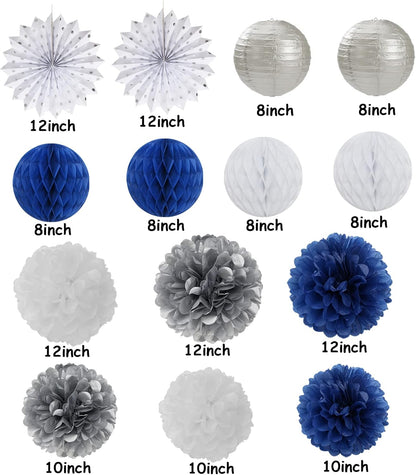 Navy-Blue White Silver Party Decorations - 14pcs Kits Paper Lanterns Fan,Tissue Flower Pom Poms Streamers,Honeycomb Balls,Graduation 2025 Men Birthday Wedding Baby Bridal Shower Decor Lasting Surprise