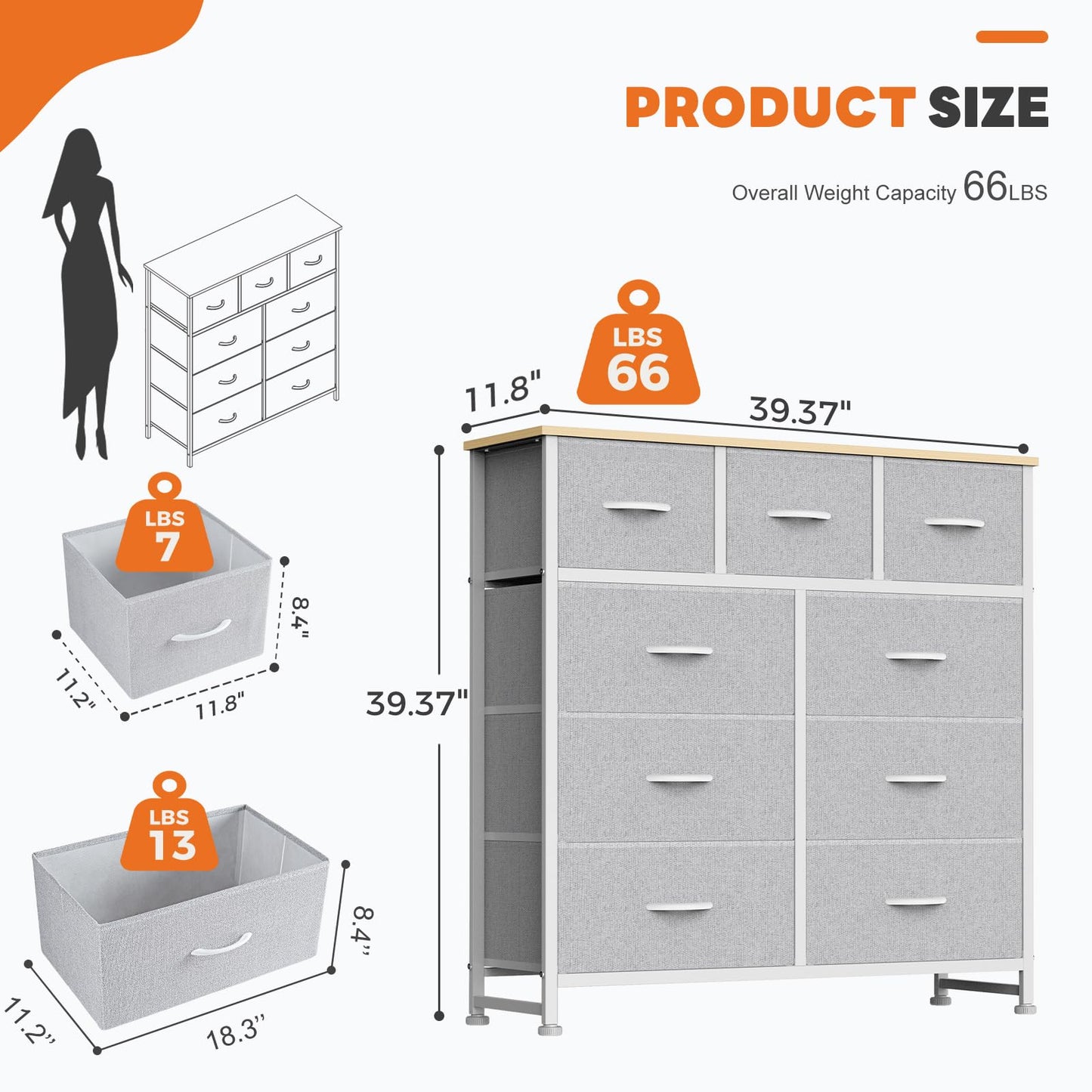 Sweetcrispy 9 Drawer Fabric Dresser Storage Tower Organizer, Light Grey