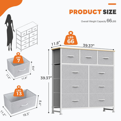 Sweetcrispy 9 Drawer Fabric Dresser Storage Tower Organizer, Light Grey
