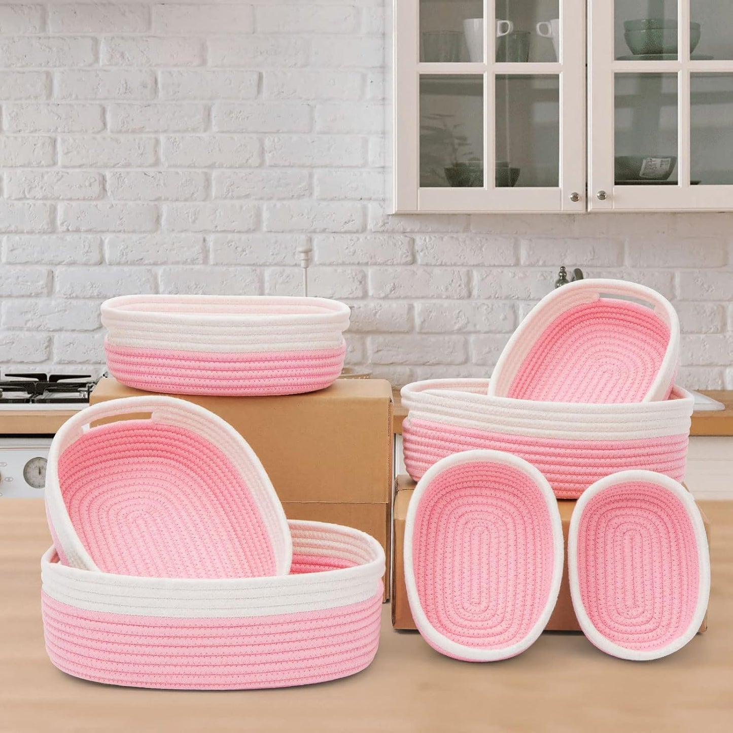 7 Piece Cotton Rope Woven Basket Set - Small Basket for Baby Nursery, Pets, Montessori, Dog & Cat Toy Boxes, Bathroom Organization Bins (White/Pink)